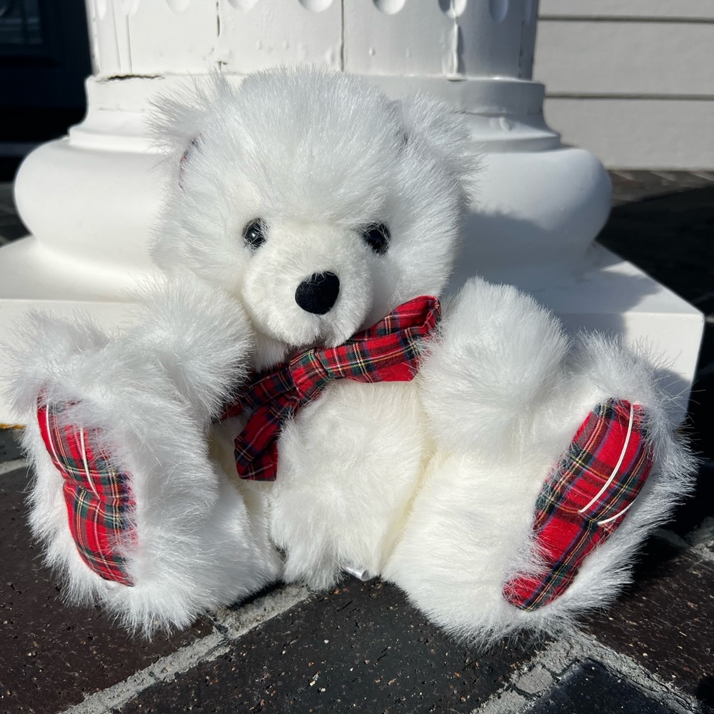 Fluffy White Plush Bear With Plaid Accents by American Wego